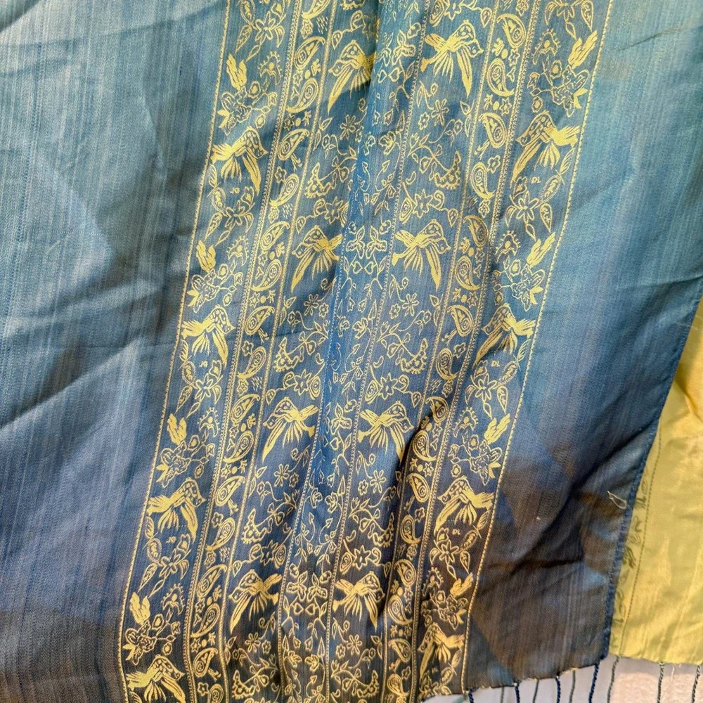 Vintage 100% Silk Ombre Scarf Teal Green Gold Bird Paisley Floral Fringe Wrap
